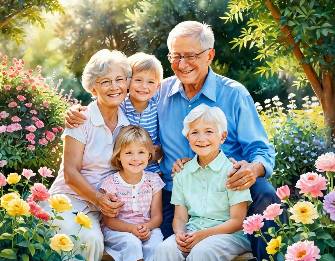 A heartwarming scene of grandparents embracing their grandchildren in a sunlit garden, surrounded by blooming flowers symbolizing love and growth. The grandparents are smiling, radiating warmth and joy, while the grandchildren play nearby, showcasing a bond of affection. Soft pastel colors create a nostalgic atmosphere, enhancing the theme of familial love. watercolor painting. vibrant colors. soft focus.