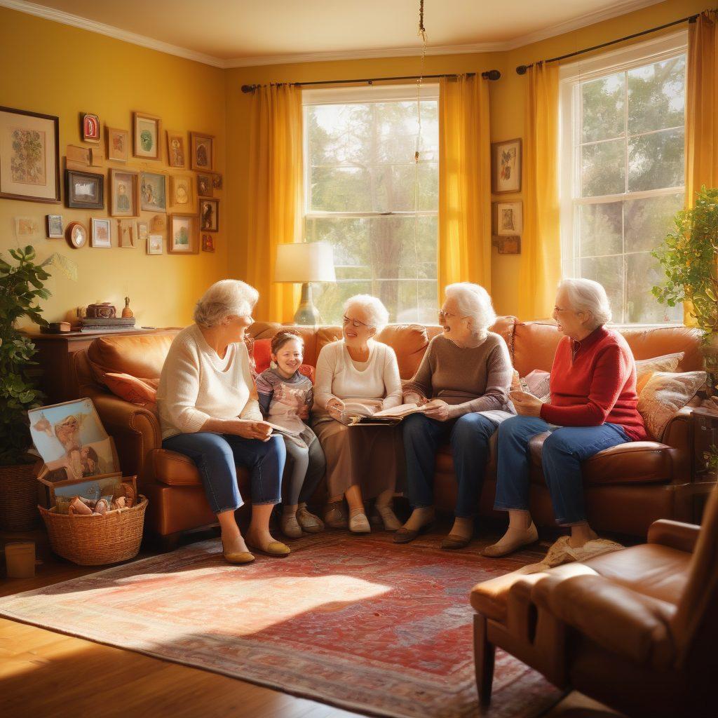 A warm, cozy family scene depicting grandparents joyfully engaging with their grandchildren in a sunlit living room. Emphasize deep emotional connections, with laughter and shared stories around a family photo album, surrounded by symbols of love like handmade crafts and family trees. The ambiance should evoke nostalgia and warmth, showcasing a diverse family. painting. vibrant colors. soft focus.