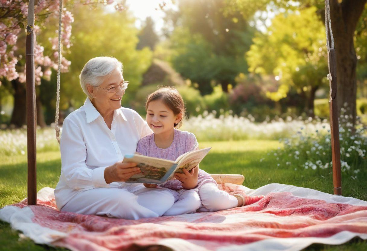 A heartwarming scene of a grandchild and grandparent sharing stories in a sunlit park, surrounded by blooming flowers and a gentle breeze. The grandparent is animatedly gesturing, while the child listens intently, eyes wide with admiration. In the background, soft, nostalgic elements like a wooden swing and a family photo album on a picnic blanket create a sense of cherished memories. The colors are warm and inviting, evoking feelings of love and connection. super-realistic. vibrant colors. soft focus.